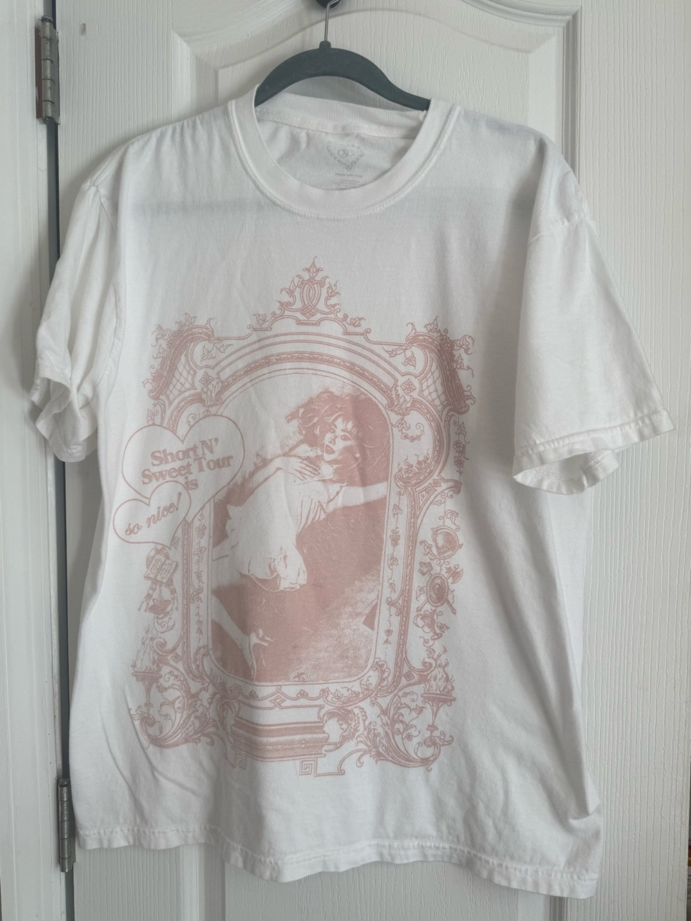 Sabrina Carpenter White Short'N' Sweet Tour Graphic Tee with Pale Pink Print